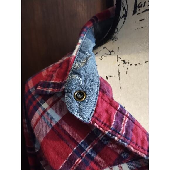Jachs Girlfriend 4th of July Comfort Stretch Plaid Pearl Button Flannel Shirt XL - Picture 5 of 7